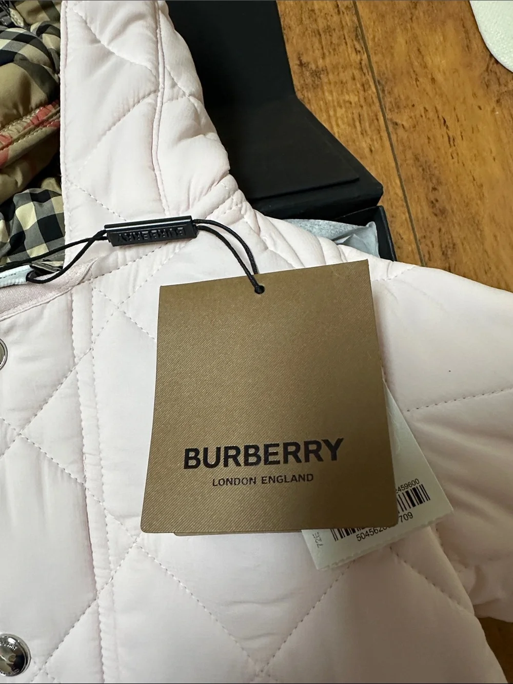 Burberry Light Pink Quilted Hooded Baby Jacket with Check Lining - NWT
